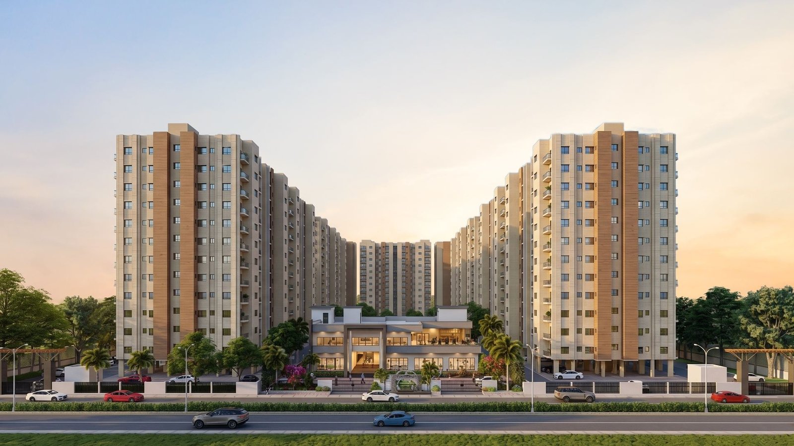 Artistic impression of Lotus Court residential towers with clubhouse, BBD Green City, Lucknow