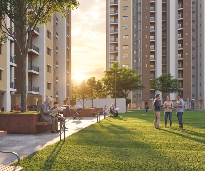Artistic impression of a landscaped lawn and promenade at the base of the towers