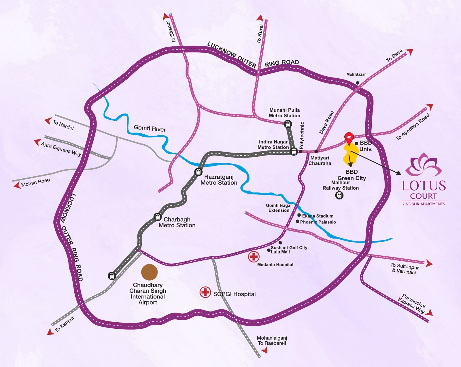 Schematic location map of Lucknow from the brochure showing Lotus Court near BBD University and BBD Green City off Ayodhya Road, with the Outer Ring Road, Gomti River, metro stations and the airport